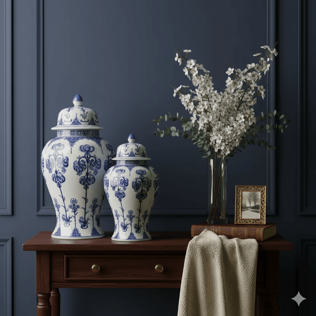 Blue White Hand-Finished Ginger Jar Set