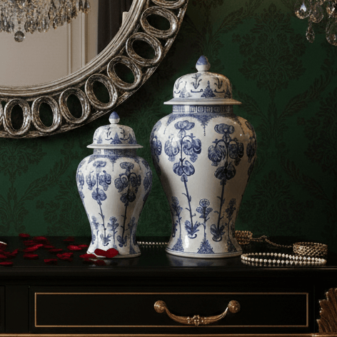 Blue White Hand-Finished Ginger Jar Set