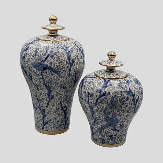 Hand Painted Blue White Gold Ginger Jar Set