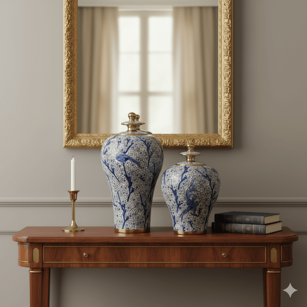 Hand Painted Blue White Gold Ginger Jar Set