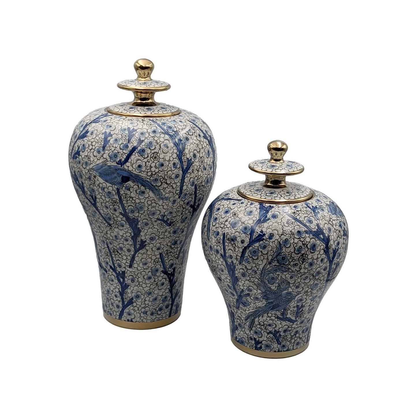 Hand Painted Blue White Gold Ginger Jar Set