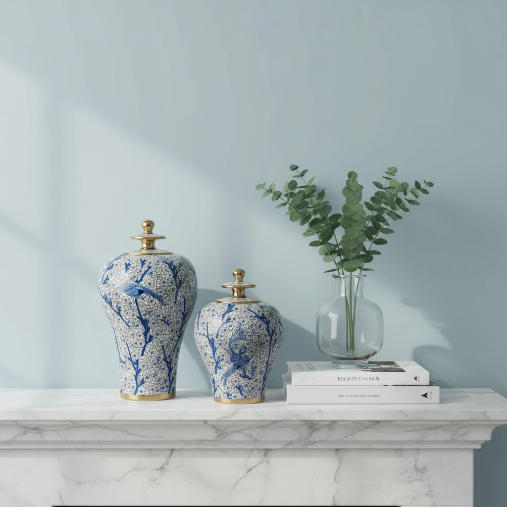 Hand Painted Blue White Gold Ginger Jar Set