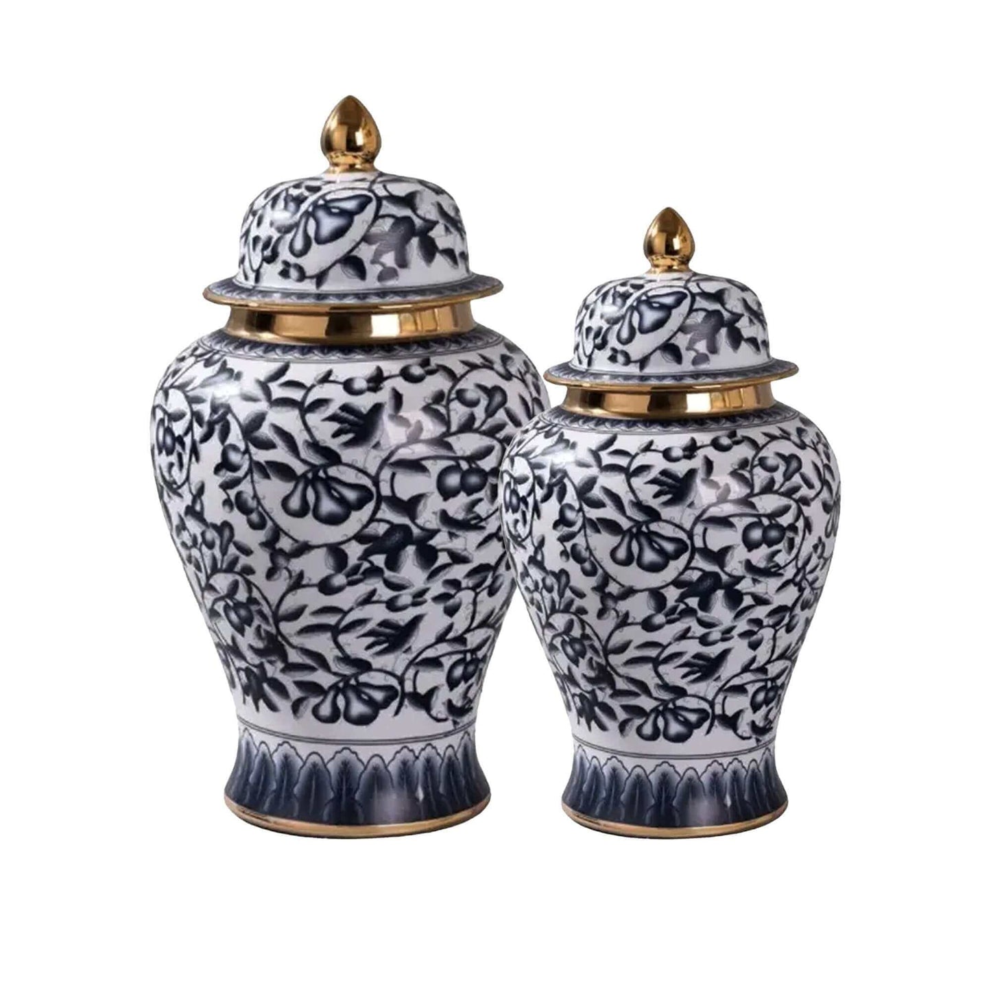 Navy Gold Floral Ceramic Ginger Jar Set
