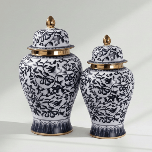 Navy Gold Floral Ceramic Ginger Jar Set