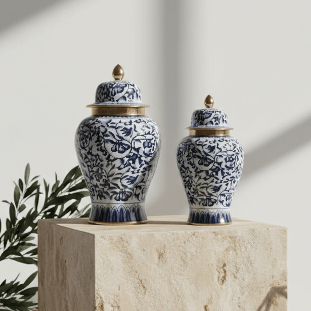 Navy Gold Floral Ceramic Ginger Jar Set