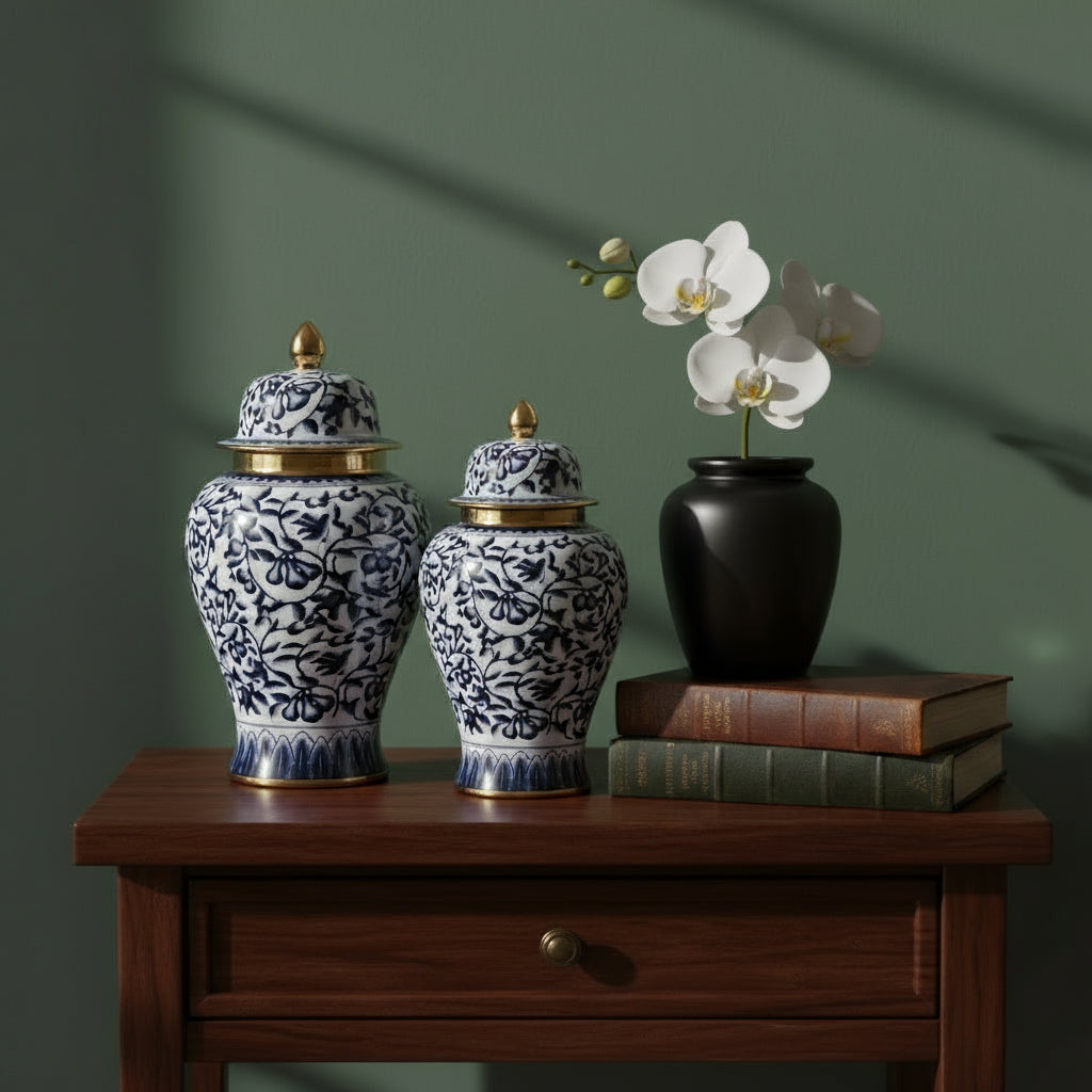 Navy Gold Floral Ceramic Ginger Jar Set