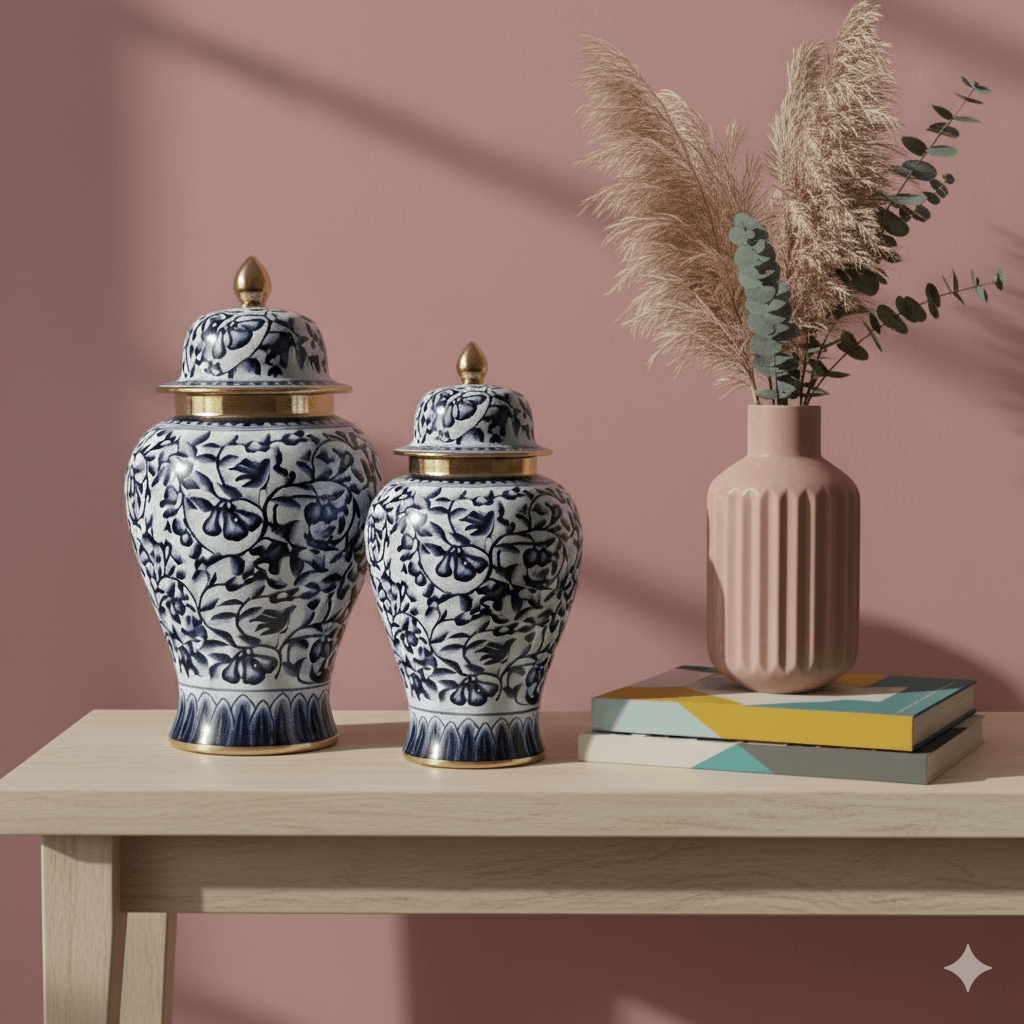 Navy Gold Floral Ceramic Ginger Jar Set