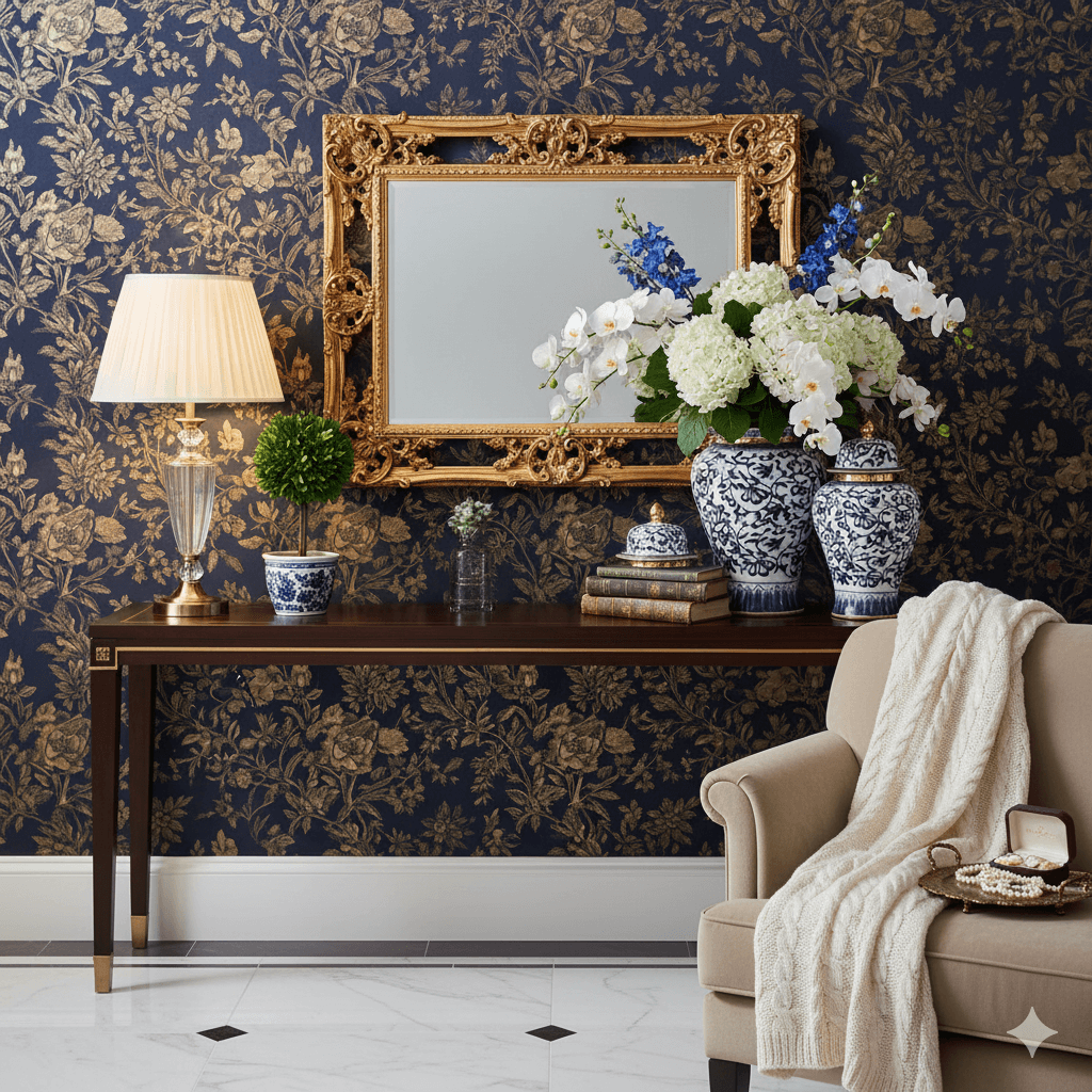 Navy Gold Floral Ceramic Ginger Jar Set