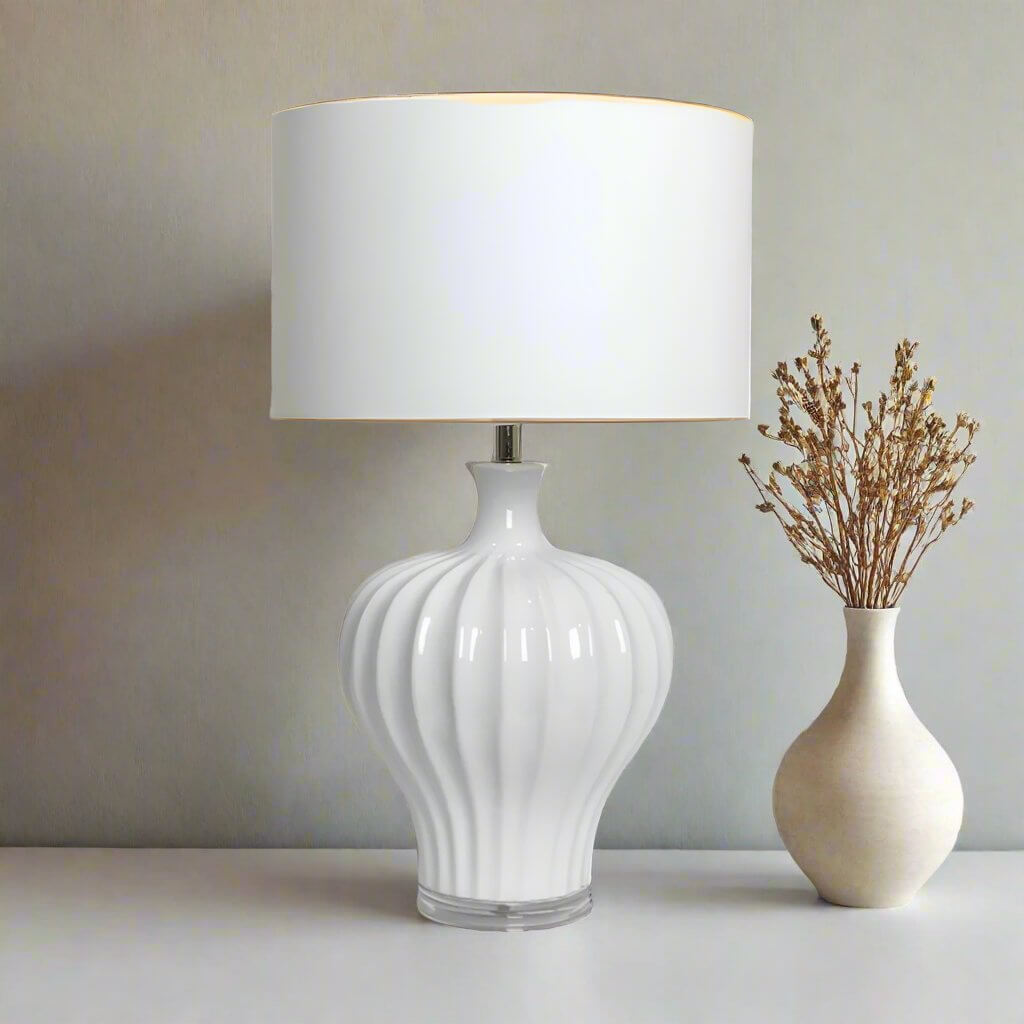 Justina Fluted White Ceramic Table Lamp 68cm