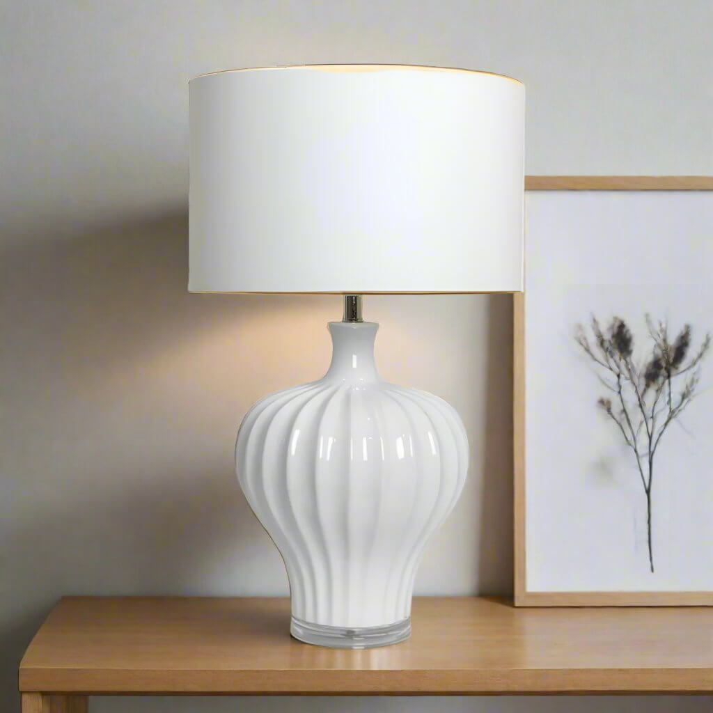 Justina Fluted White Ceramic Table Lamp 68cm