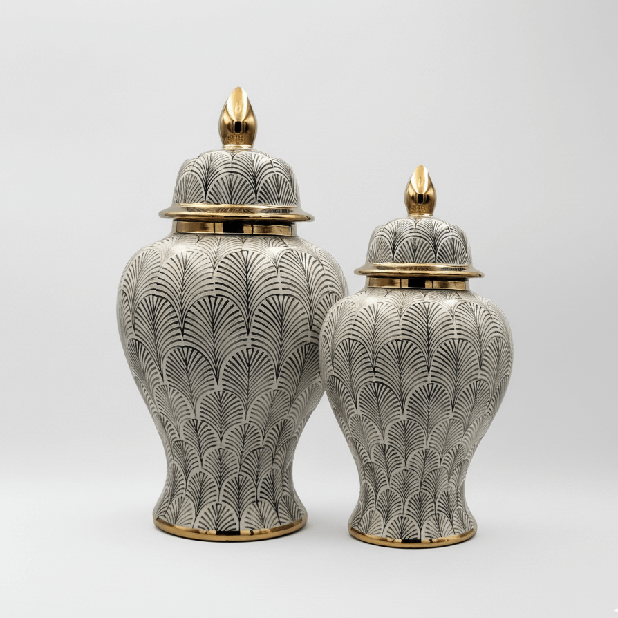 Elegant Olive White Gold Ginger Jar Set