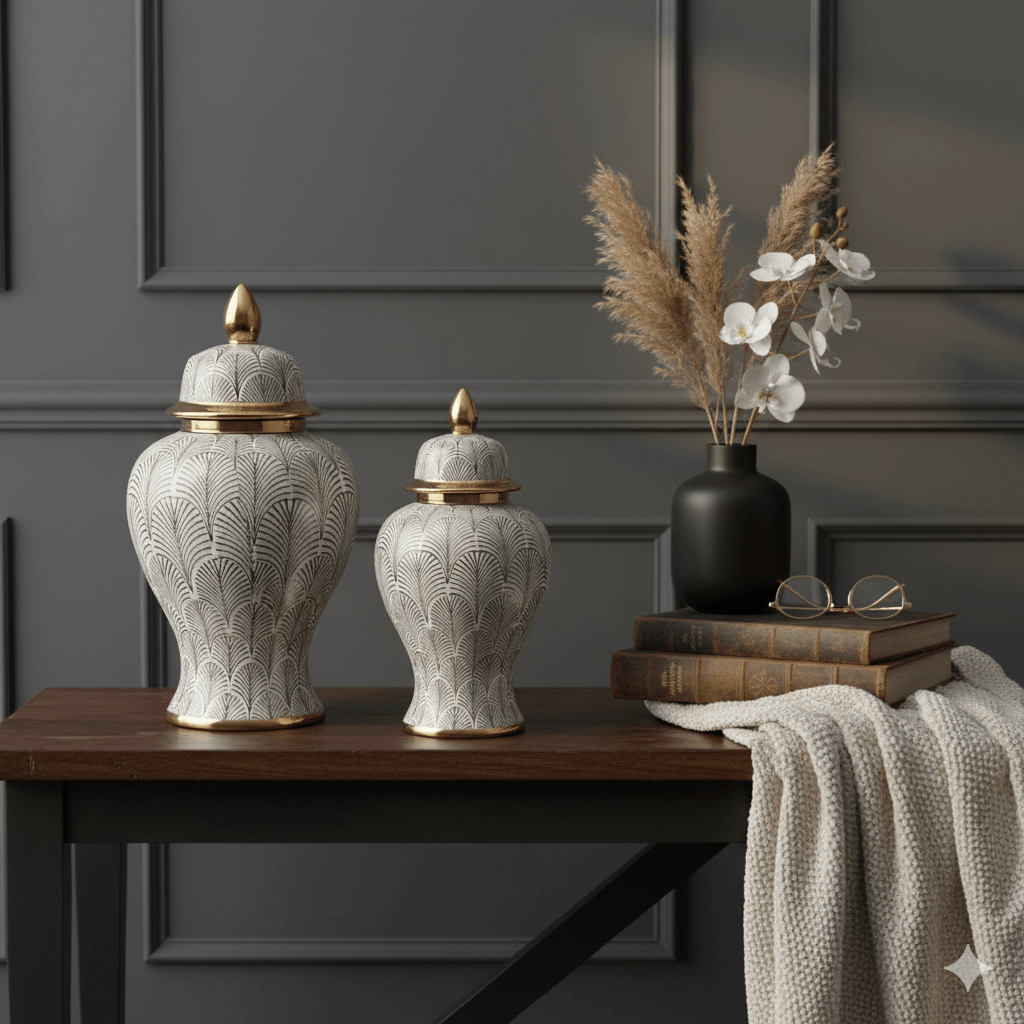 Elegant Olive White Gold Ginger Jar Set