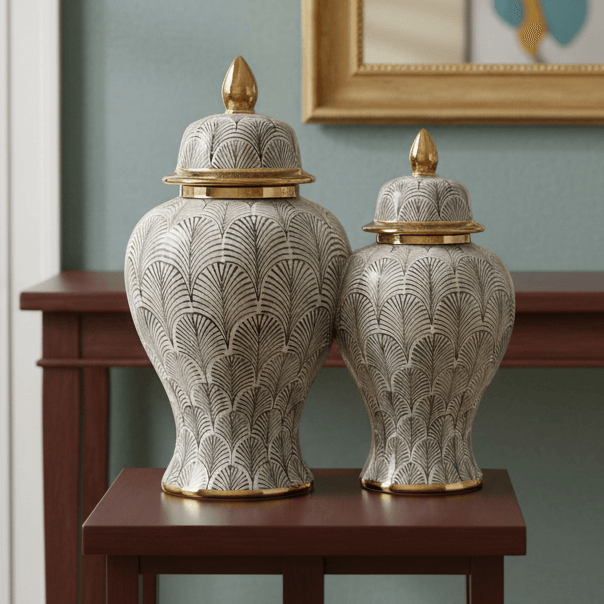 Elegant Olive White Gold Ginger Jar Set